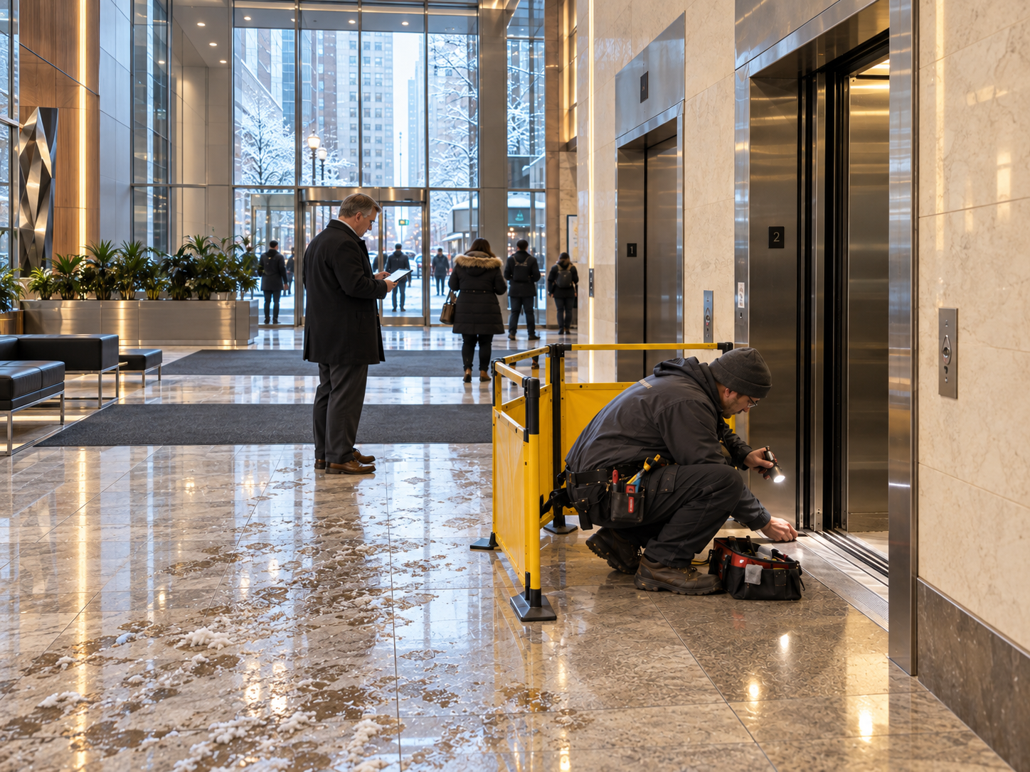 Elevator technician checking an elevator entrance during winter maintenance in a commercial building