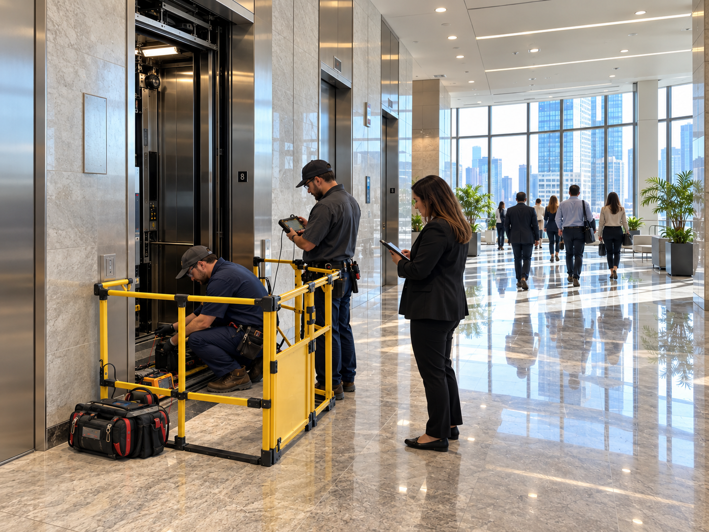 Elevator safety testing being performed during a scheduled inspection in a commercial building